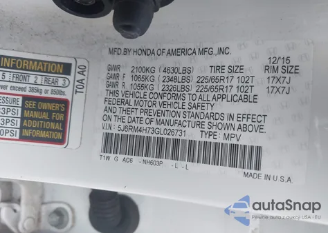 2016 Honda Cr-V Ex-L из США, поврежденный, VIN 5J6RM4H73GL026731